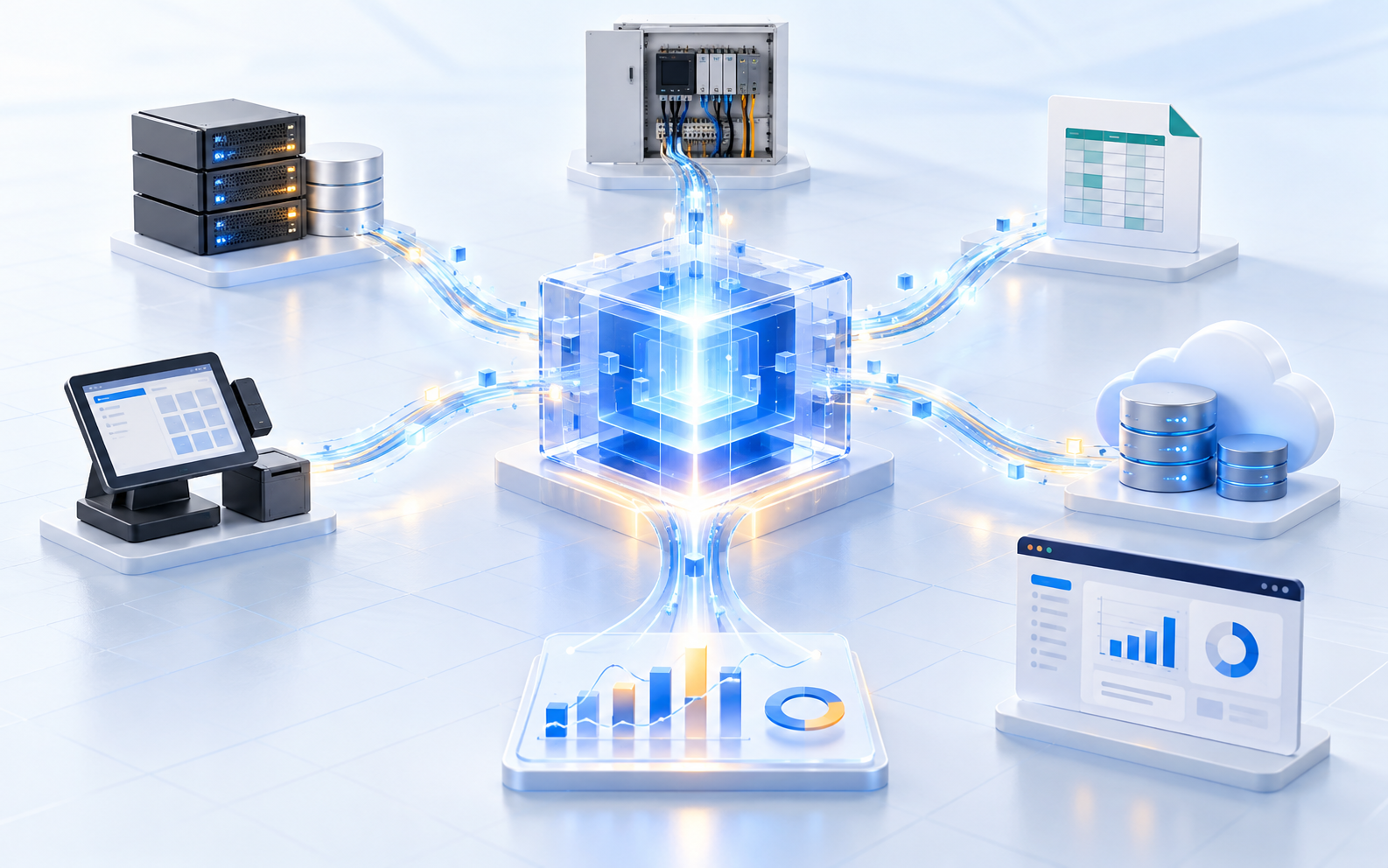Ilustrasi intelligence layer yang menghubungkan ERP, POS, PLC, spreadsheet, database, dan dashboard