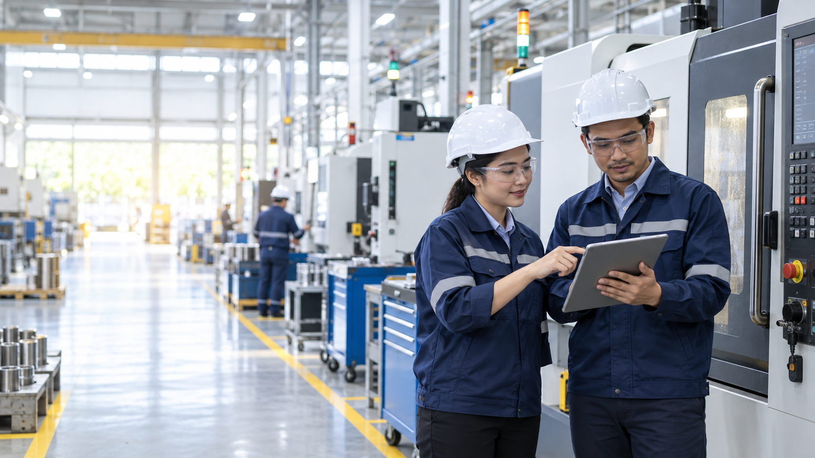 Engineer memeriksa performa mesin di lantai produksi modern